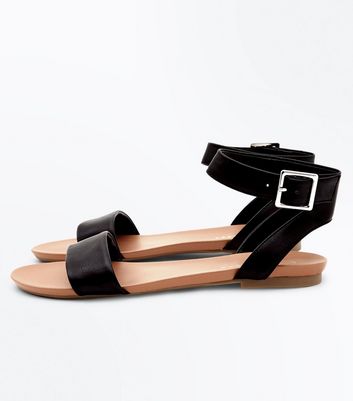 black flat sandals with ankle strap