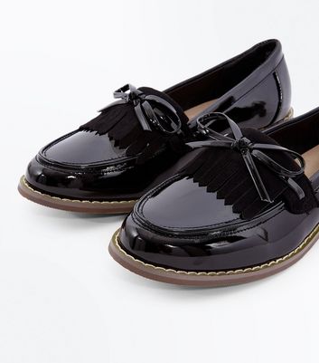 Girls Black Patent Bow Front Loafers 