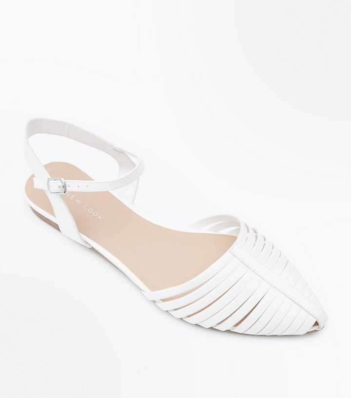 White Woven Caged Pointed Ballet Pumps 