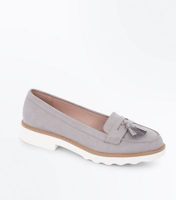 Grey Suedette Tassel Chunky Loafers 