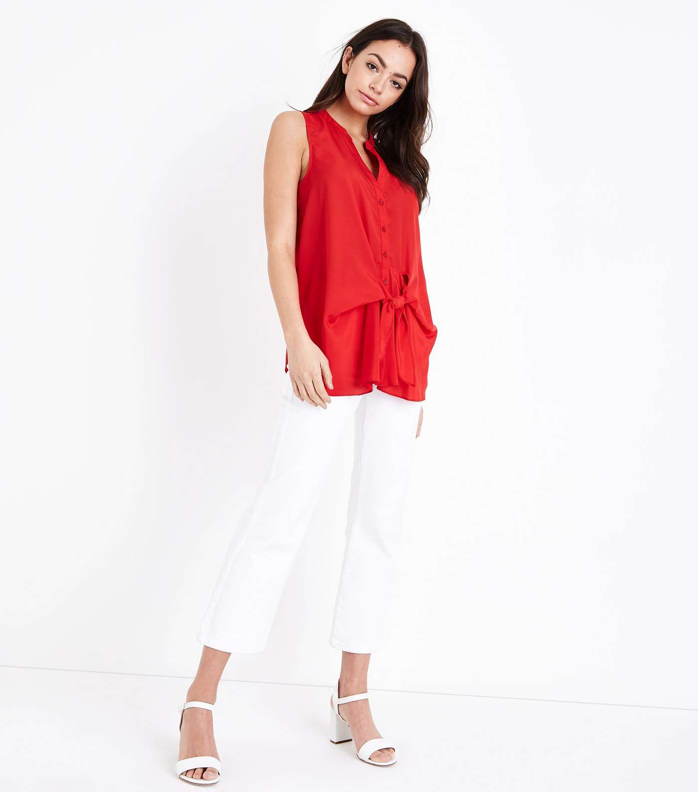 Red Tie Front Sleeveless Shirt Image 2