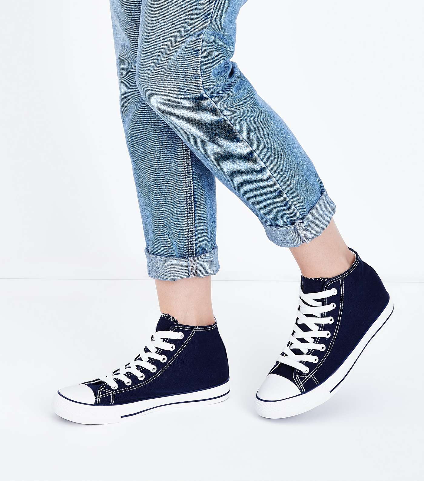 Navy Canvas Stripe Sole High Top Trainers Image 2