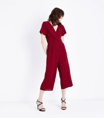 Burgundy Wrap Front Culotte Jumpsuit