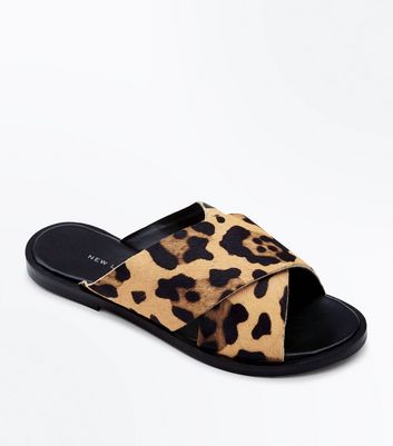 Wide Fit Stone Leather Leopard Print Sliders | New Look