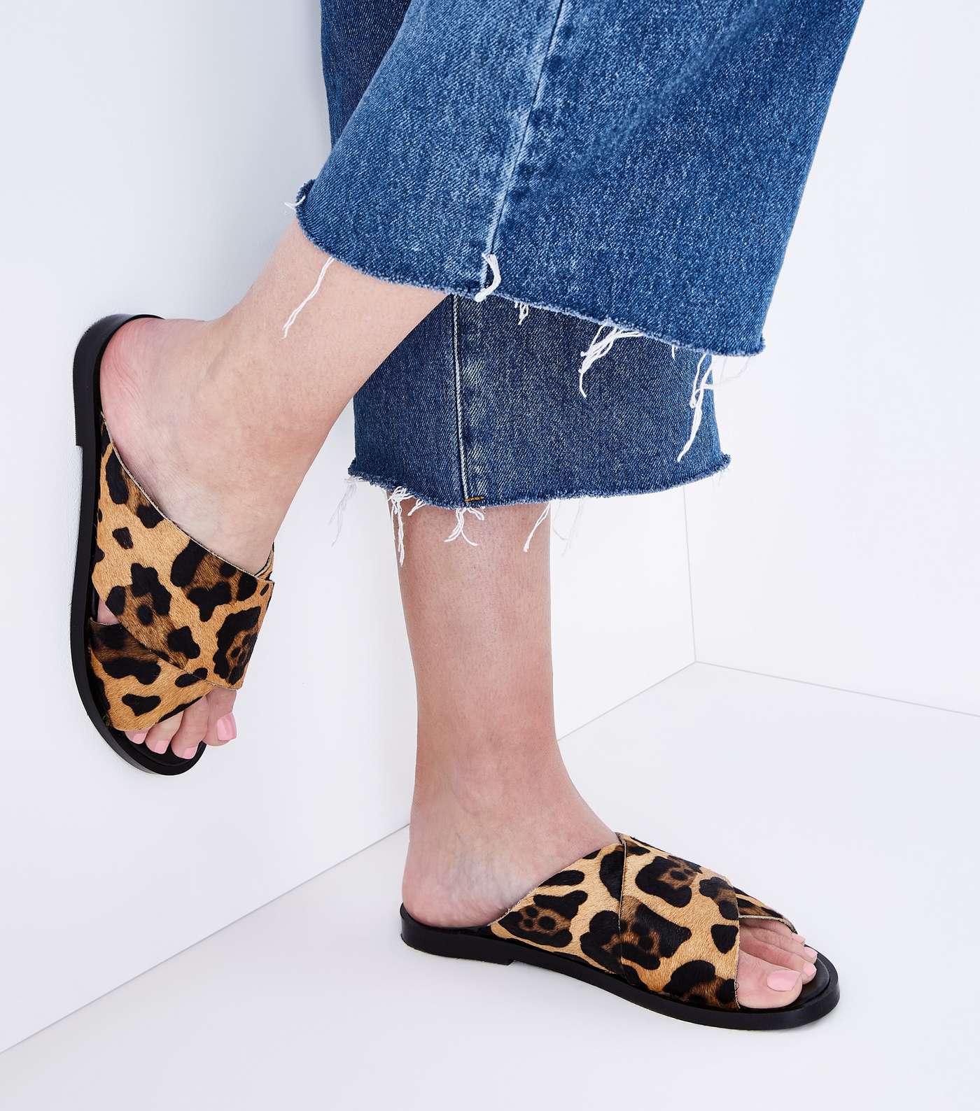 Wide Fit Stone Leather Leopard Print Sliders Image 2