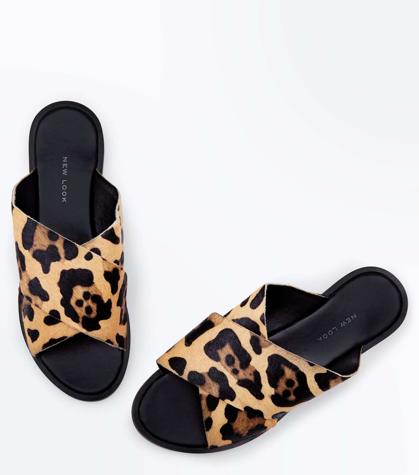 Wide Fit Stone Leather Leopard Print Sliders Image 4