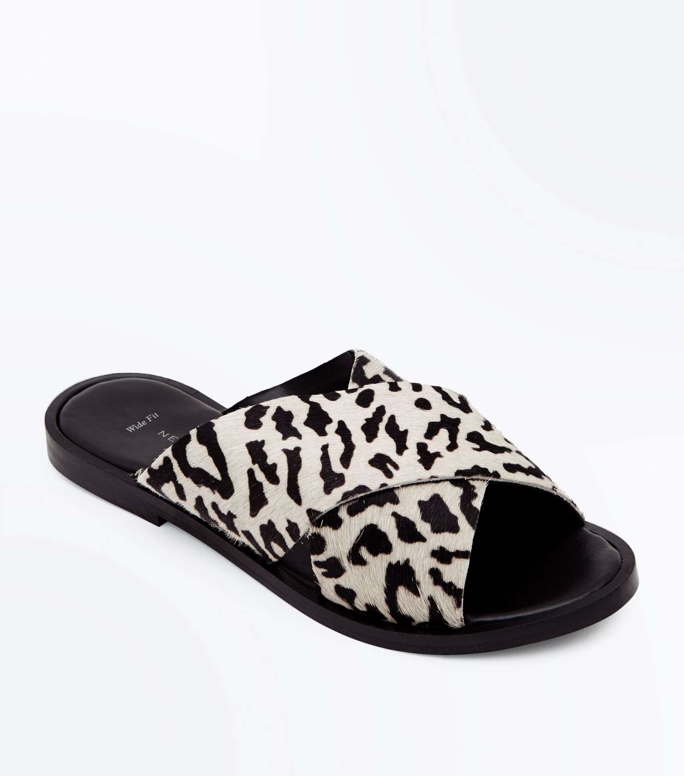 Wide Fit Cream Leather Leopard Print Sliders