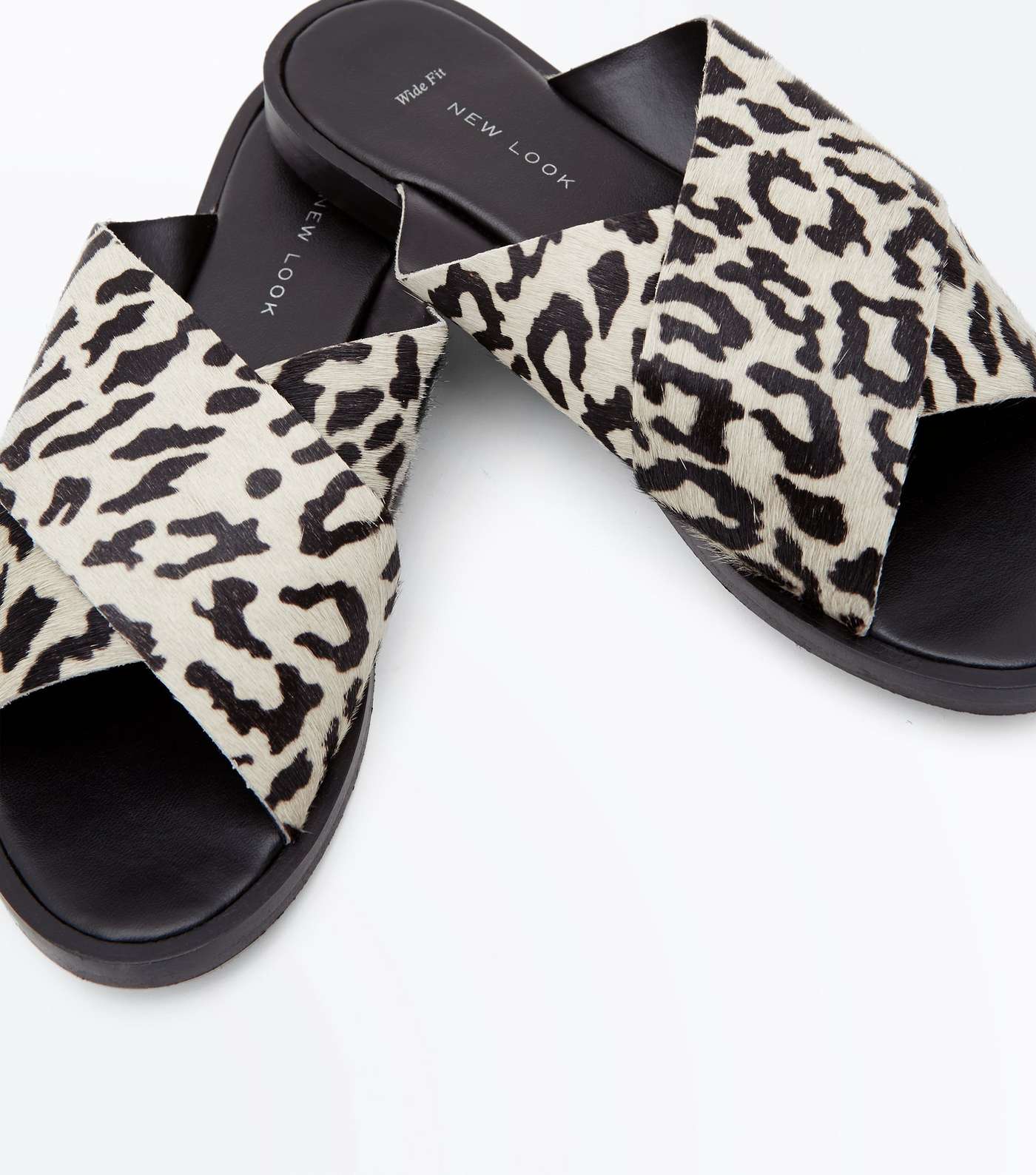 Wide Fit Cream Leather Leopard Print Sliders Image 3
