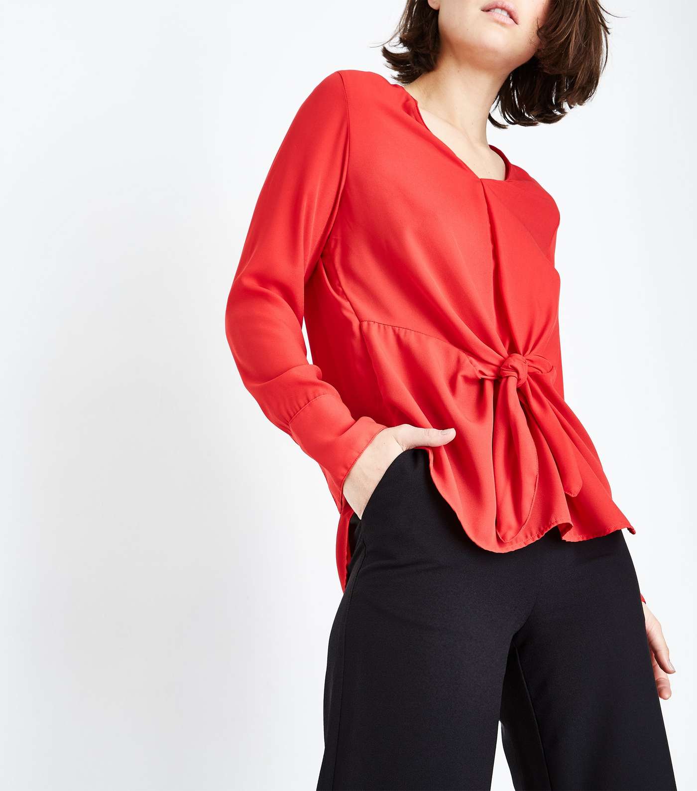 Red Long Sleeve Tie Front Top Image 4