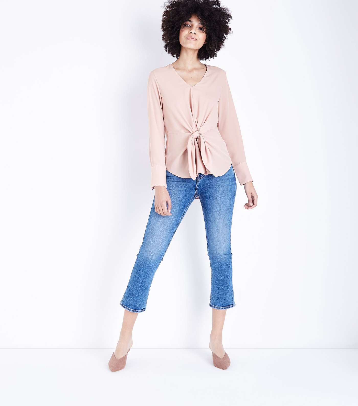 Pale Pink Long Sleeve Tie Front Top  Image 2