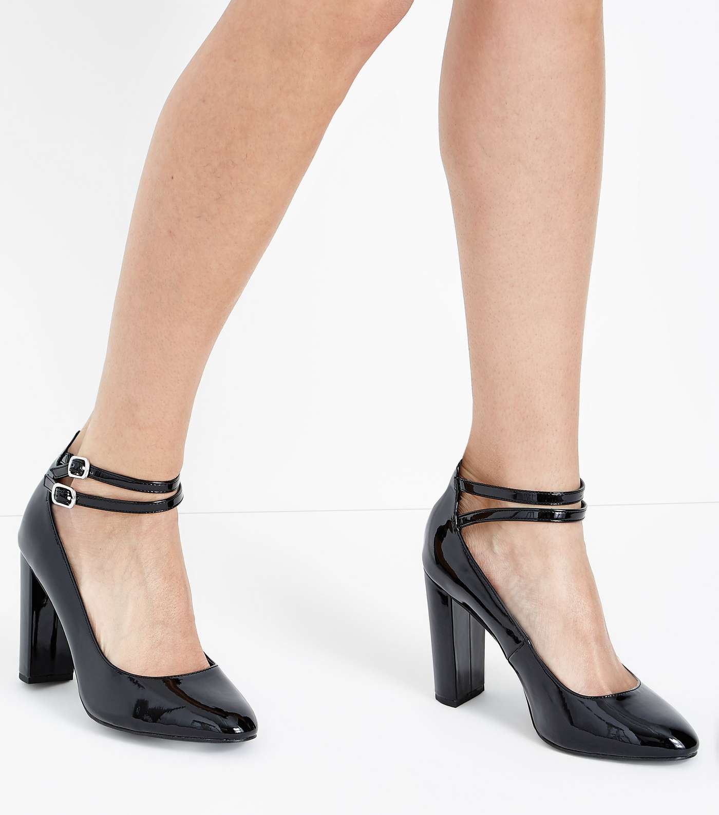 Wide Fit Black Patent Double Strap Courts Image 2