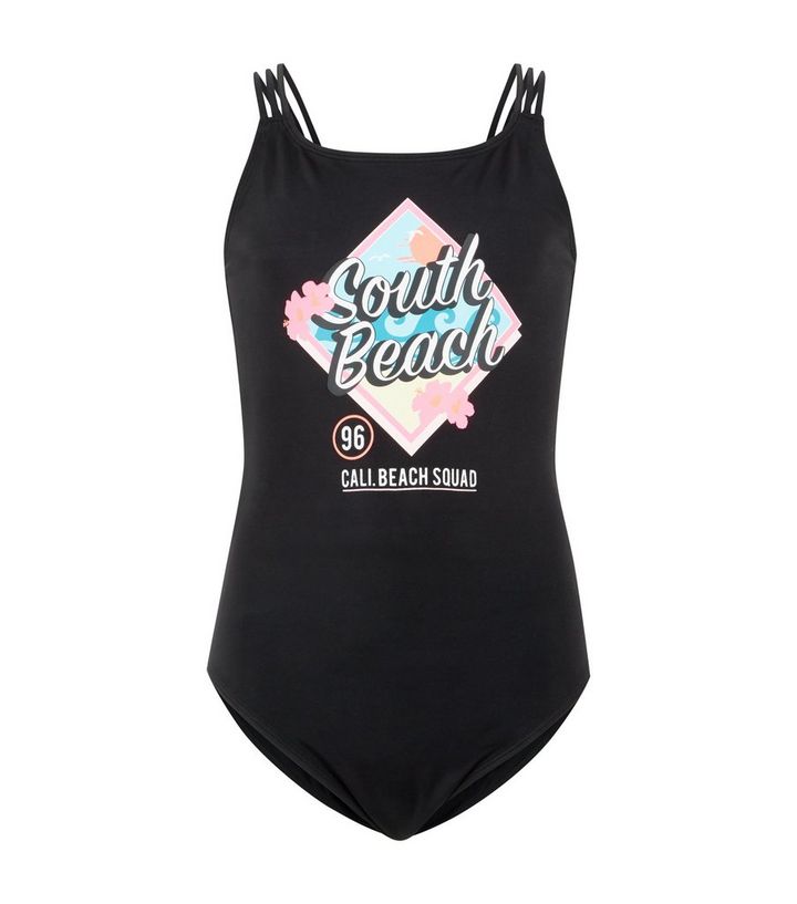 S Black South Beach Slogan Swimsuit New Look The Look
