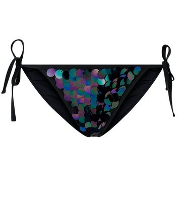 Black Large Sequin Tie Side Bikini Bottoms | New Look