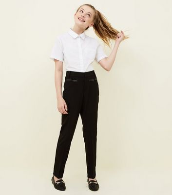 Girls Black Leather-Look Trim School 