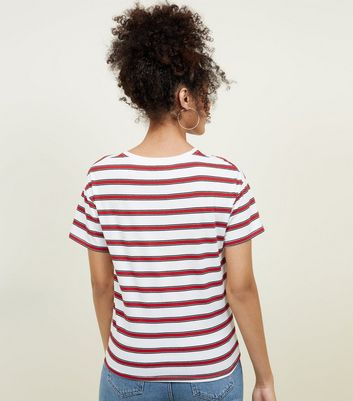 T shirt rouge nouer sur le devant rayures New Look