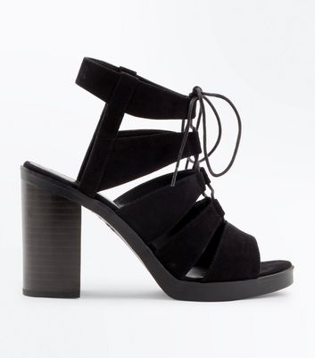 black suedette low block heel ghillie sandals