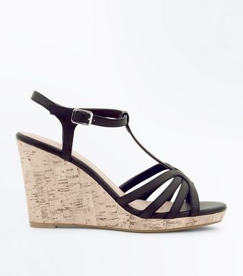 Black Strappy T-Bar Cork Wedges | New Look