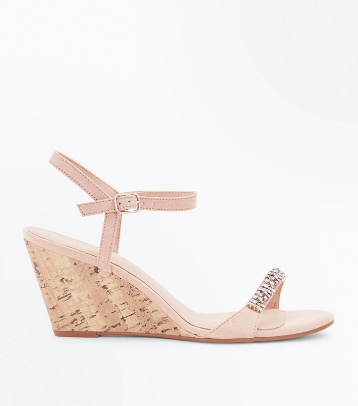 Nude Suedette Diamante Strap Cork Wedges New Look