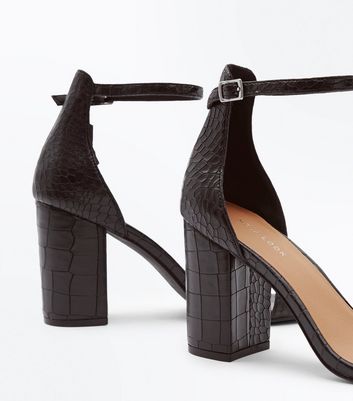 Black Faux Croc Block Heel Sandals 