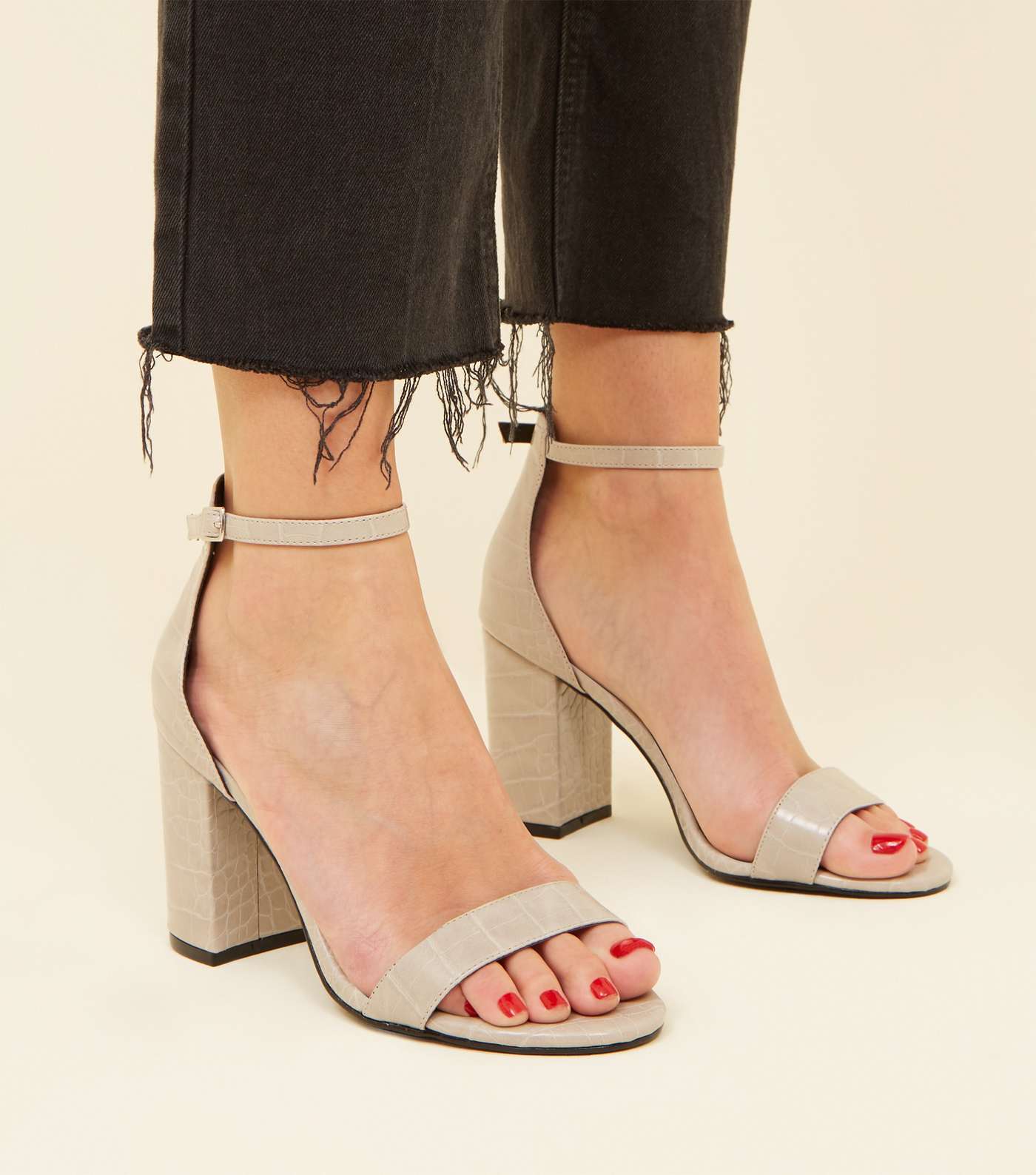 Grey Faux Croc Block Heel Sandals Image 2