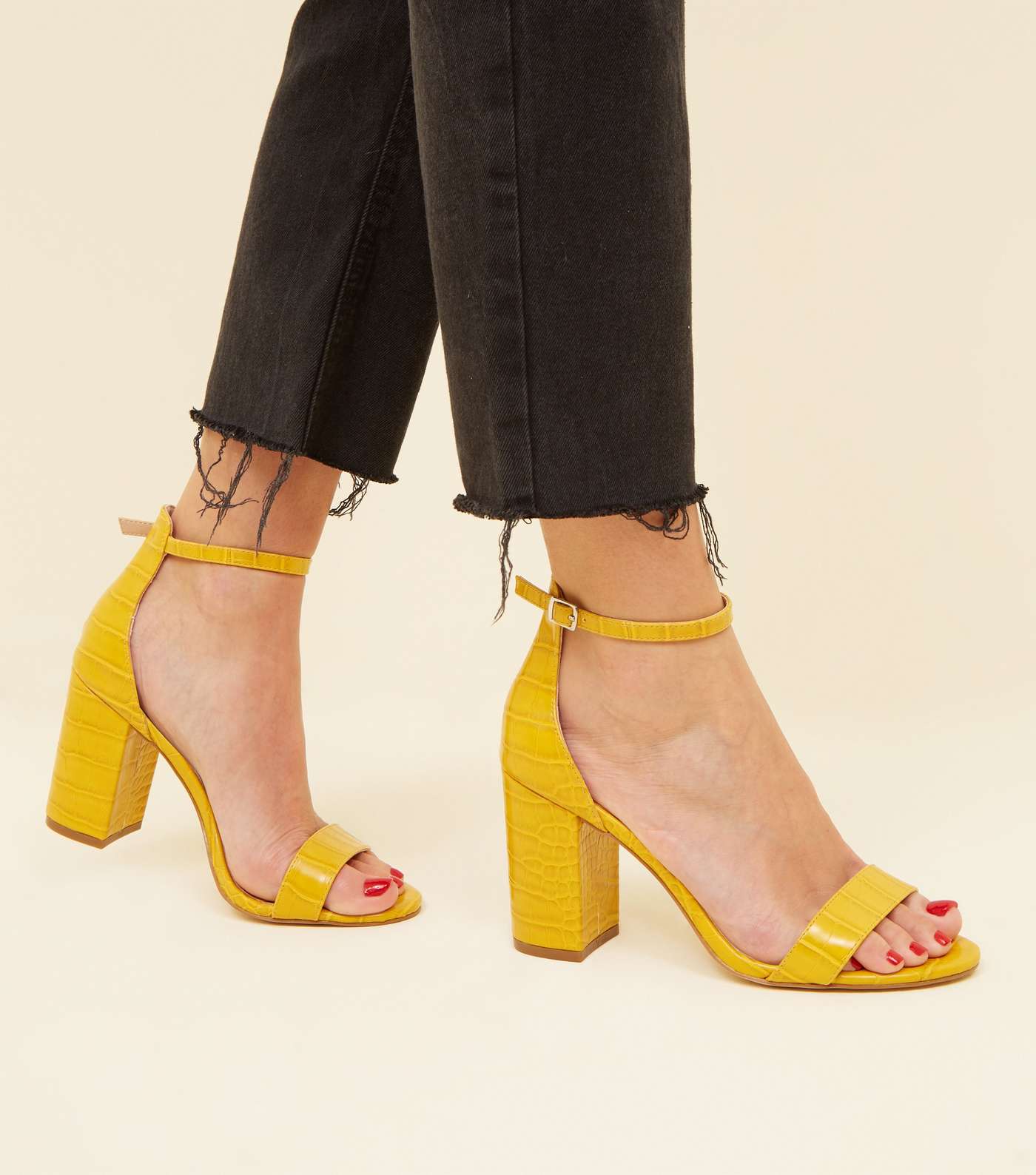 Yellow Faux Croc Block Heel Sandals Image 2