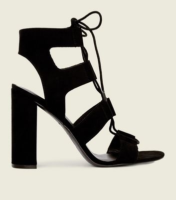 black block tie up heels