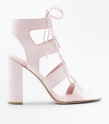 Nude Suedette Lace Up Cut-Out Block Heels | New Look