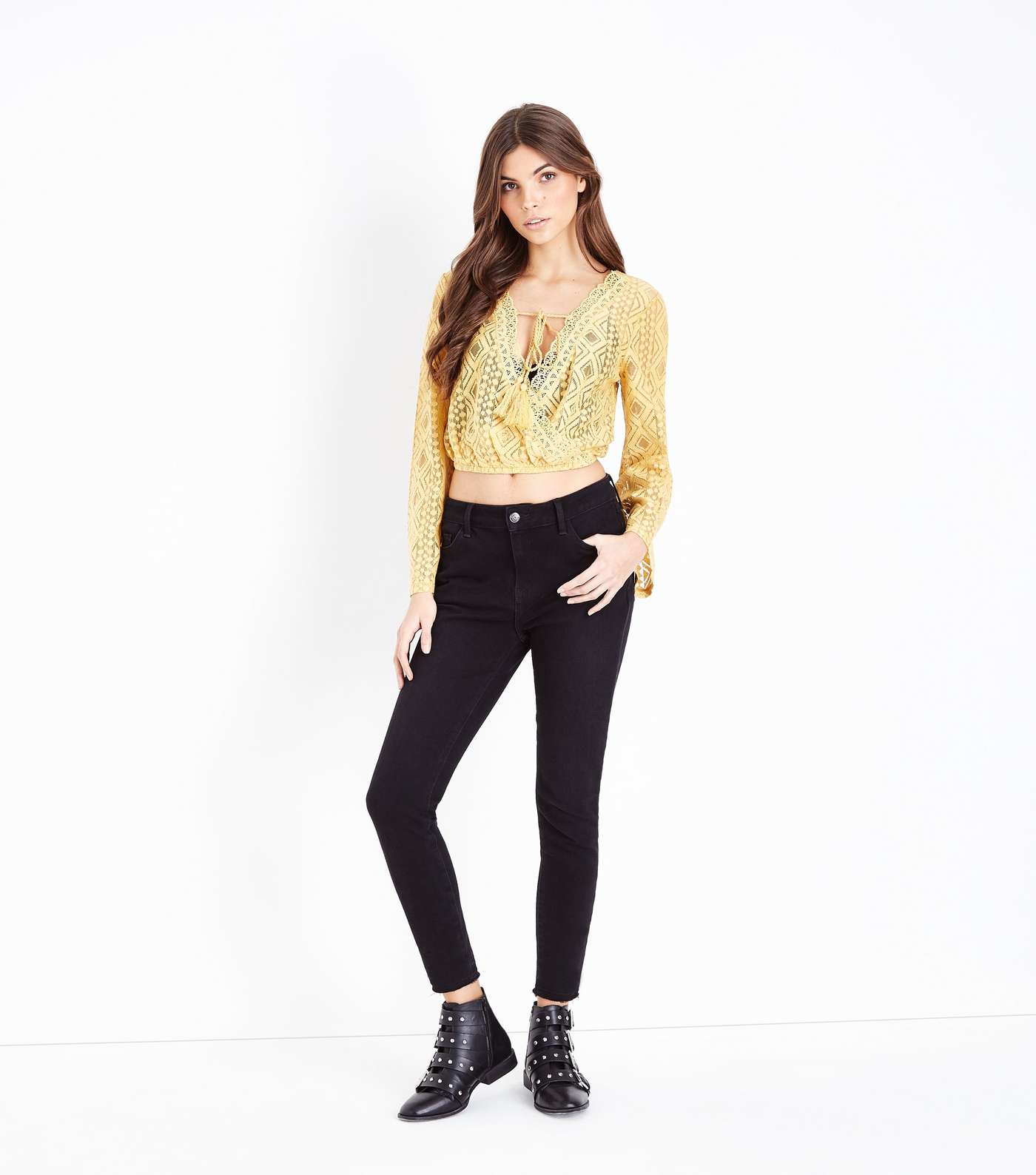 Mustard Yellow Lace Tassel Front Crop Top Image 2