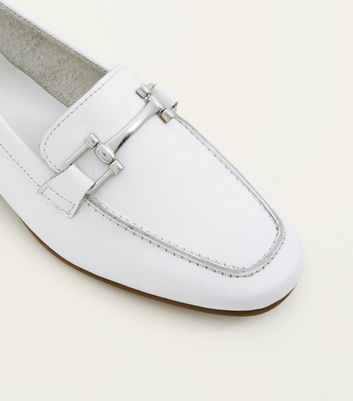 White Leather Bar Front Loafers | New Look
