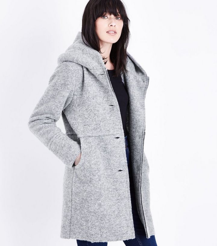 Lulua London Grey Wool Mix Hooded Coat, Gray Wool Coat With Hood