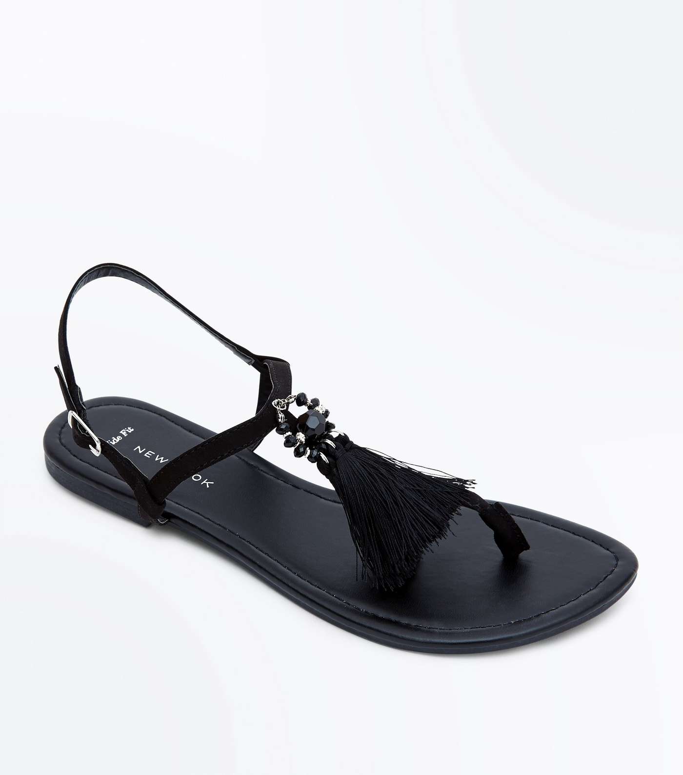 Wide Fit Black Suedette Tassel Sandals