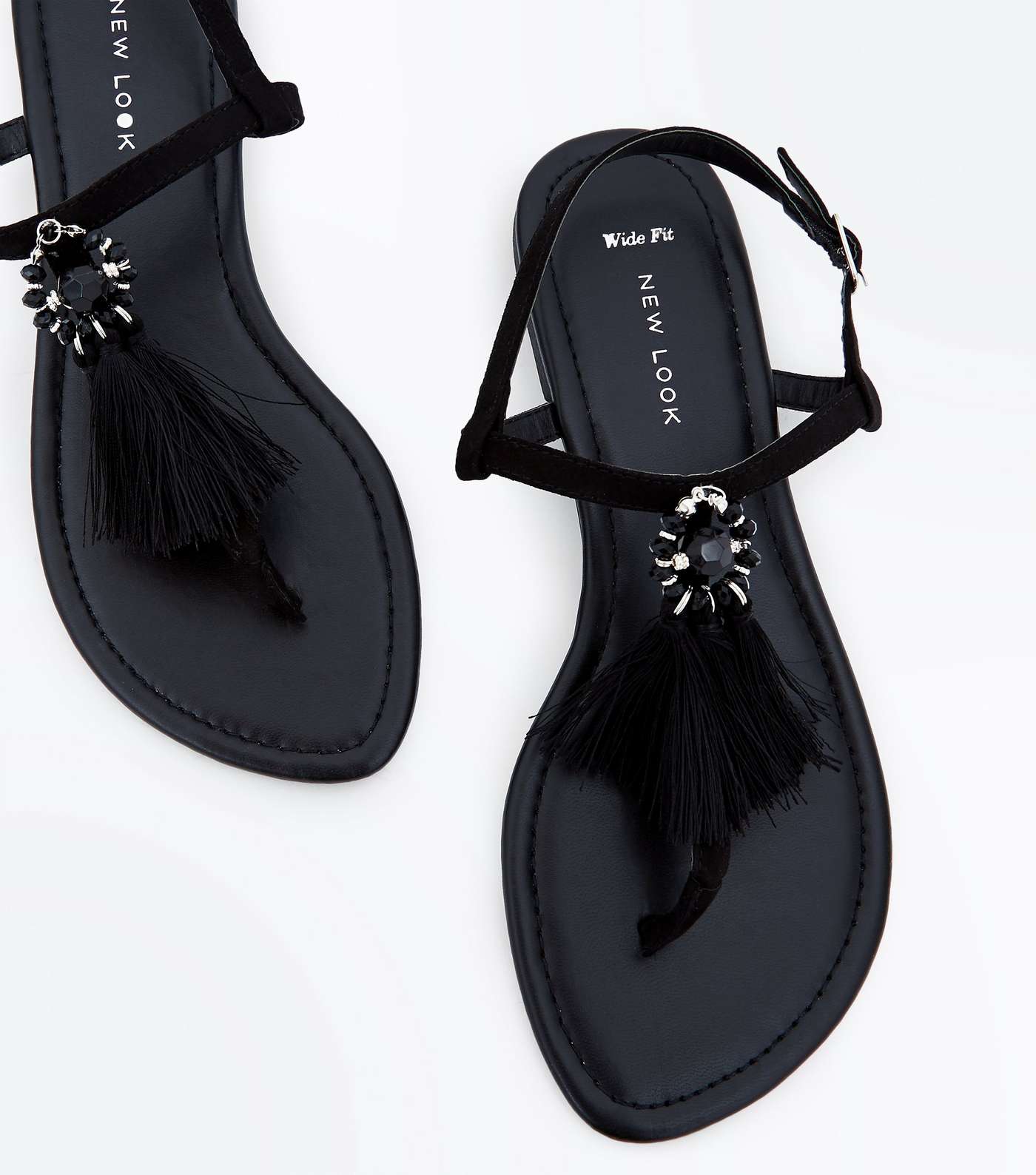 Wide Fit Black Suedette Tassel Sandals Image 3