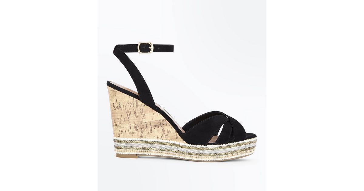 Wide Fit Black Suedette Embellished Platform Wedges | New Look