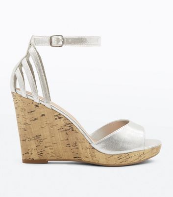 Wide Fit Silver Cage Back Cork Wedges 