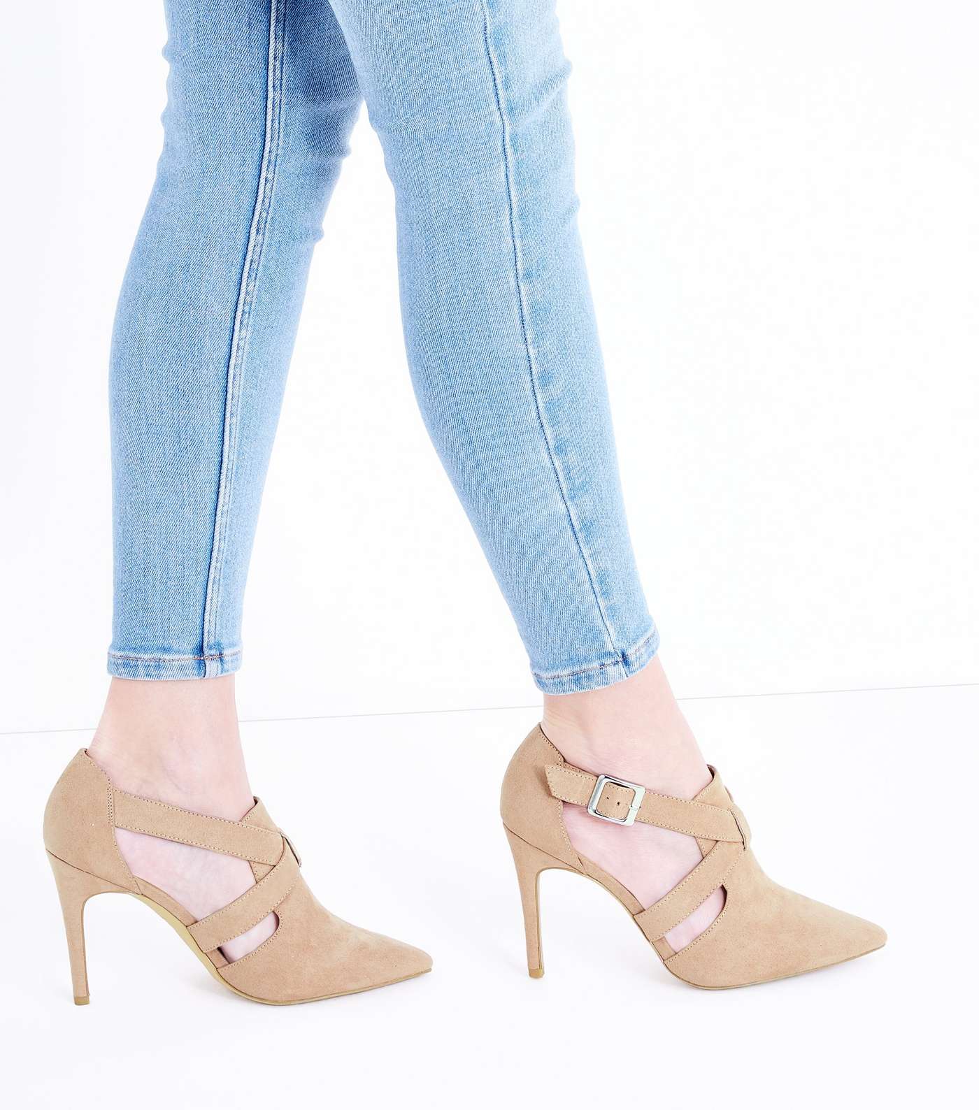 Wide Fit Nude Suedette Pointed Cut Out Shoe Boots Image 2