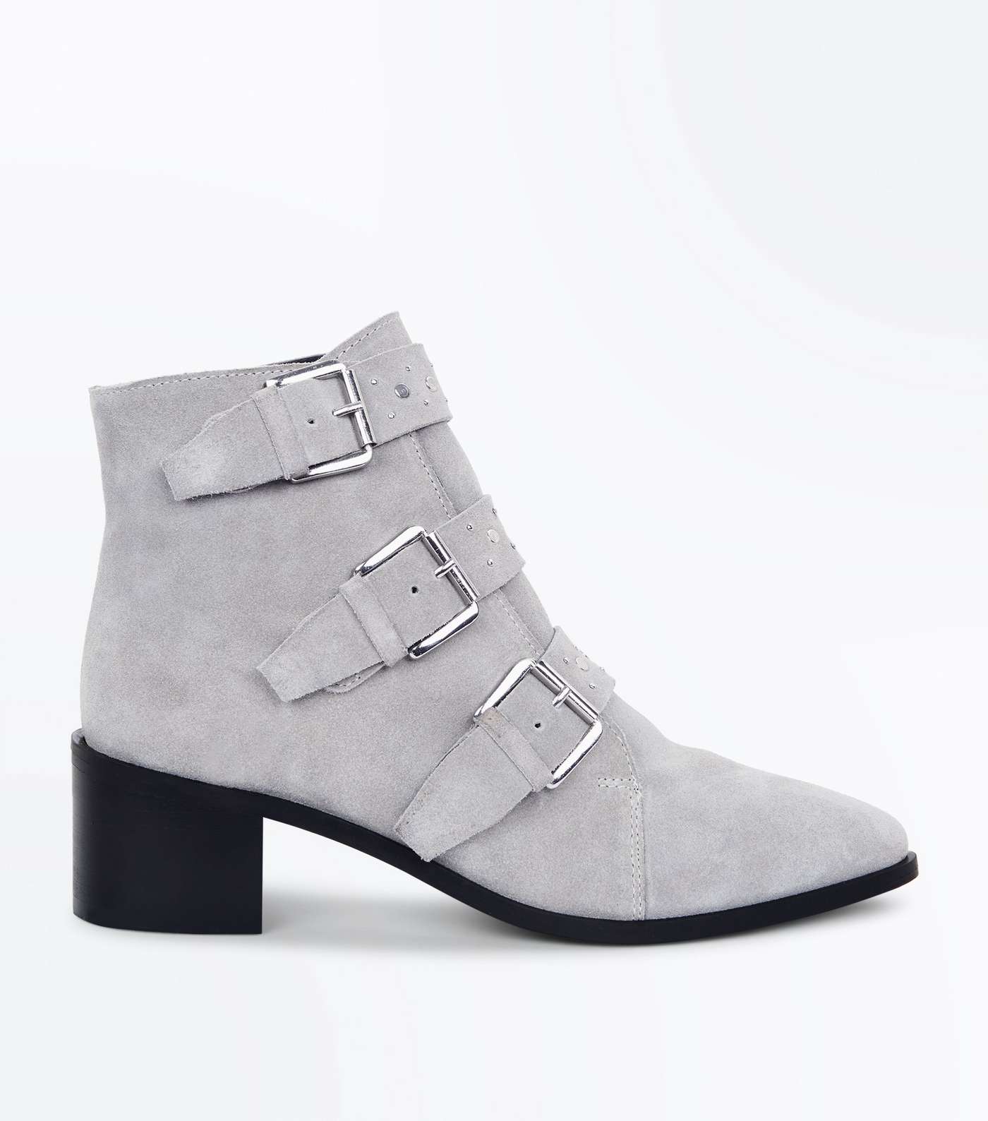 Grey Premium Suede Stud Buckle Ankle Boots