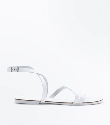 White Leather Strappy Flat Sandals 