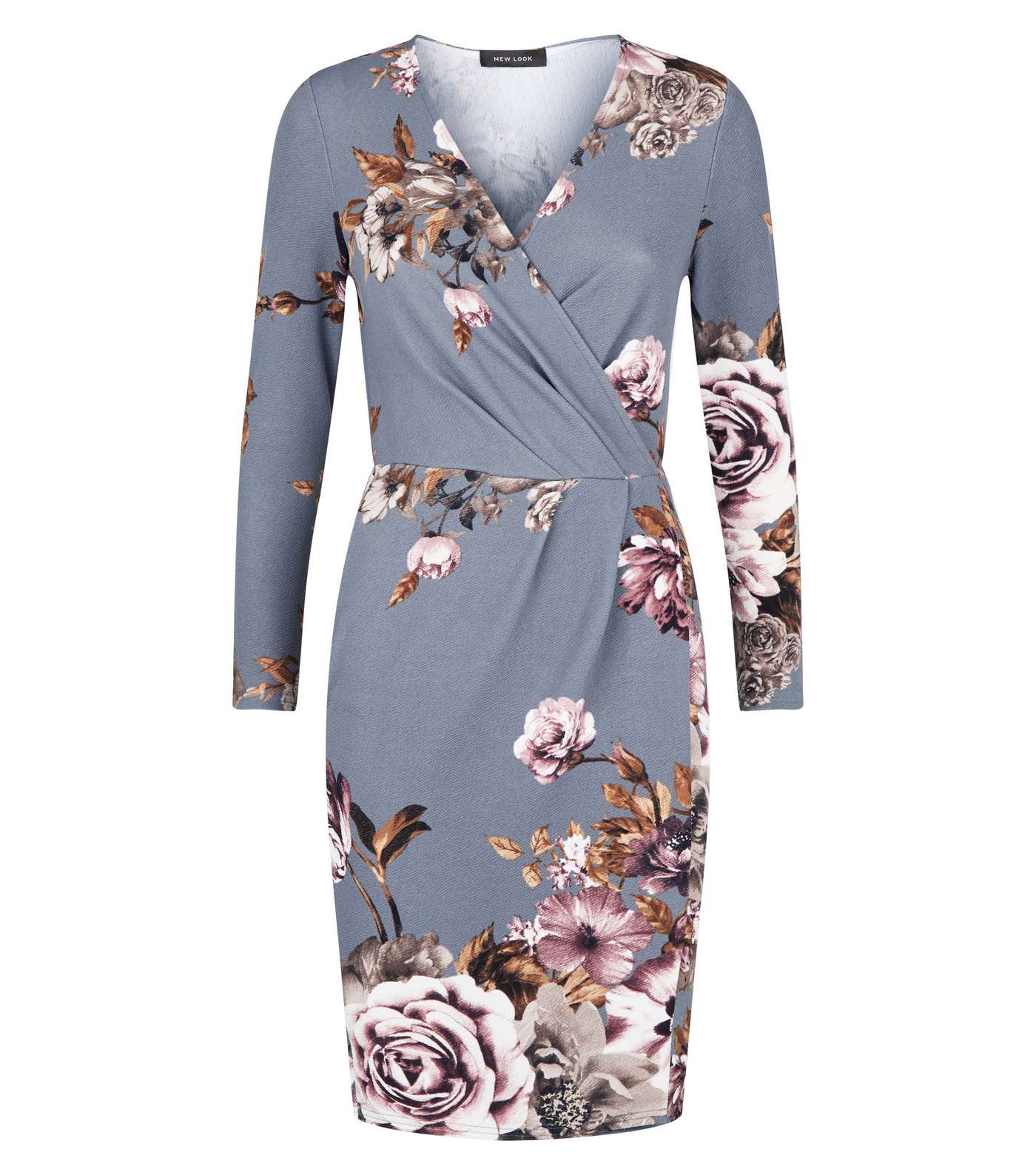 Grey Floral Crepe Long Sleeve Wrap Dress Image 4