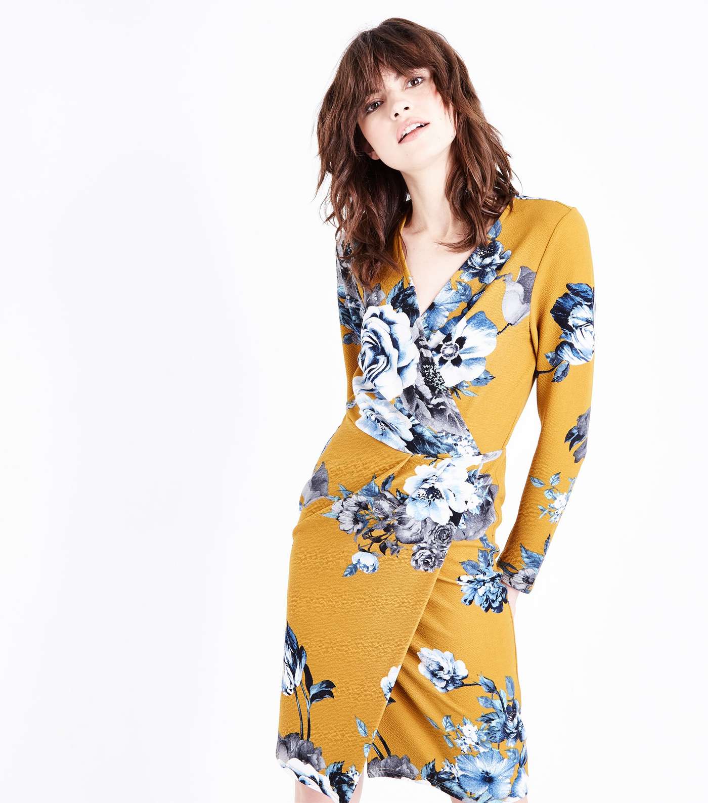 Yellow Floral Crepe Long Sleeve Wrap Dress