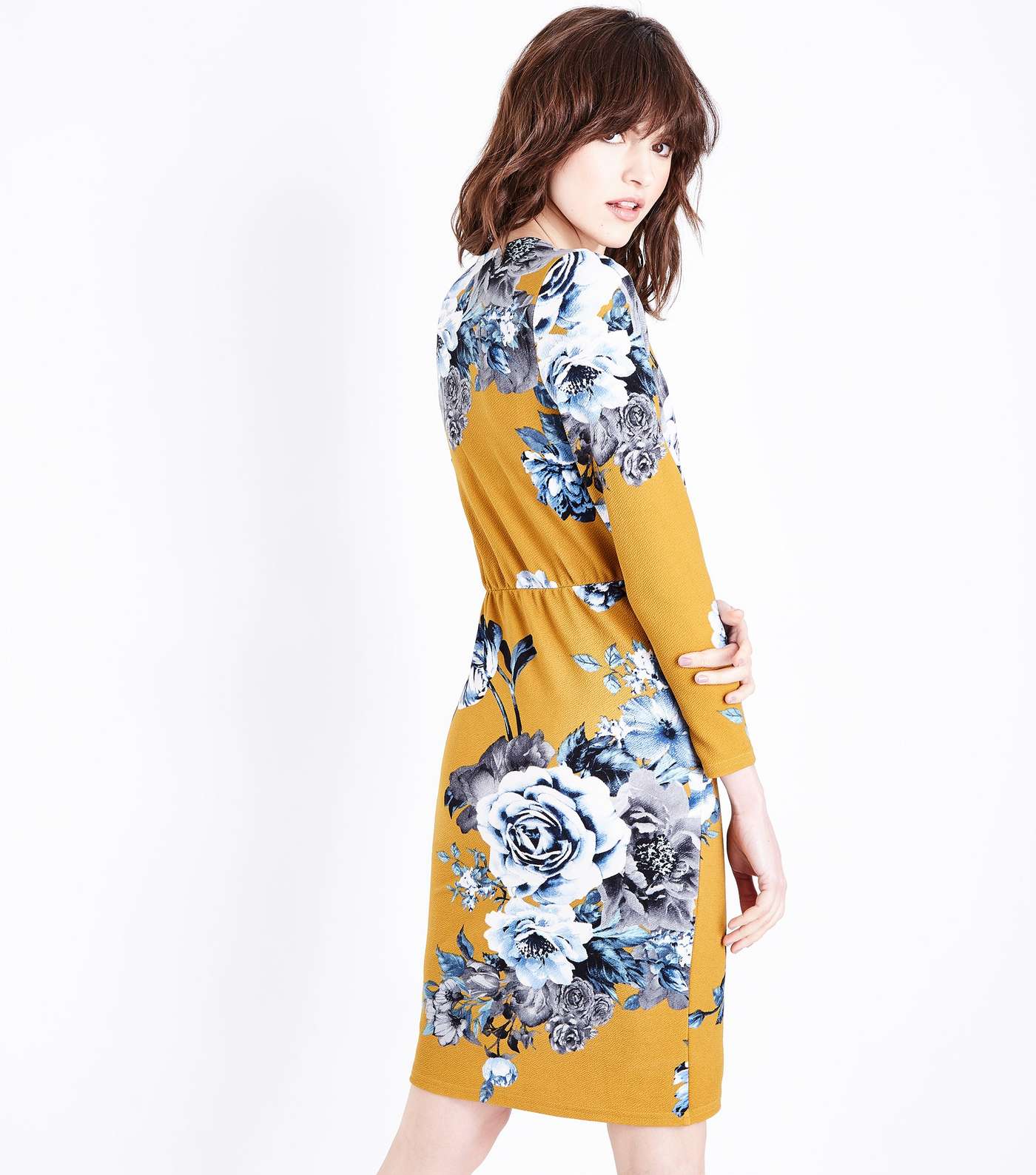 Yellow Floral Crepe Long Sleeve Wrap Dress Image 3