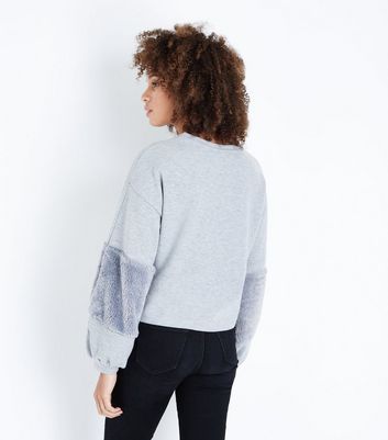 Pale Grey Faux Fur Sleeve Jumper | New Look