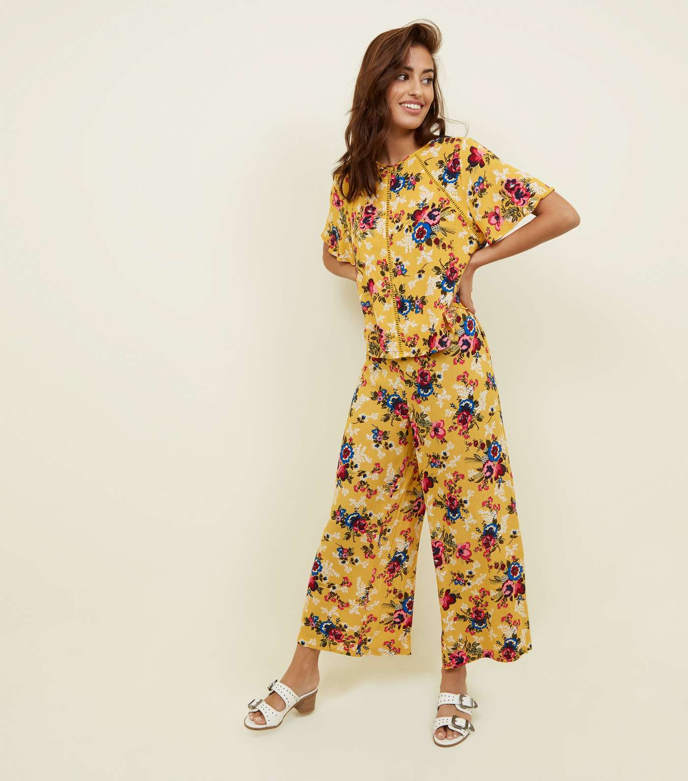 Mustard Yellow Floral Crepe Cropped Trousers