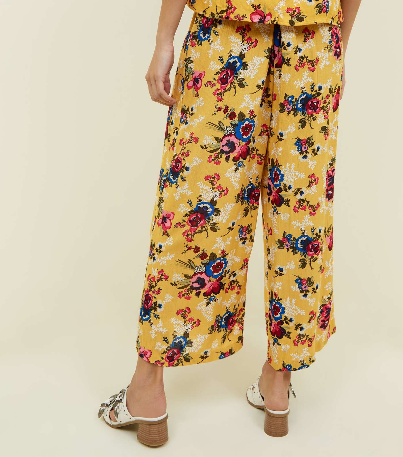 Mustard Yellow Floral Crepe Cropped Trousers Image 3