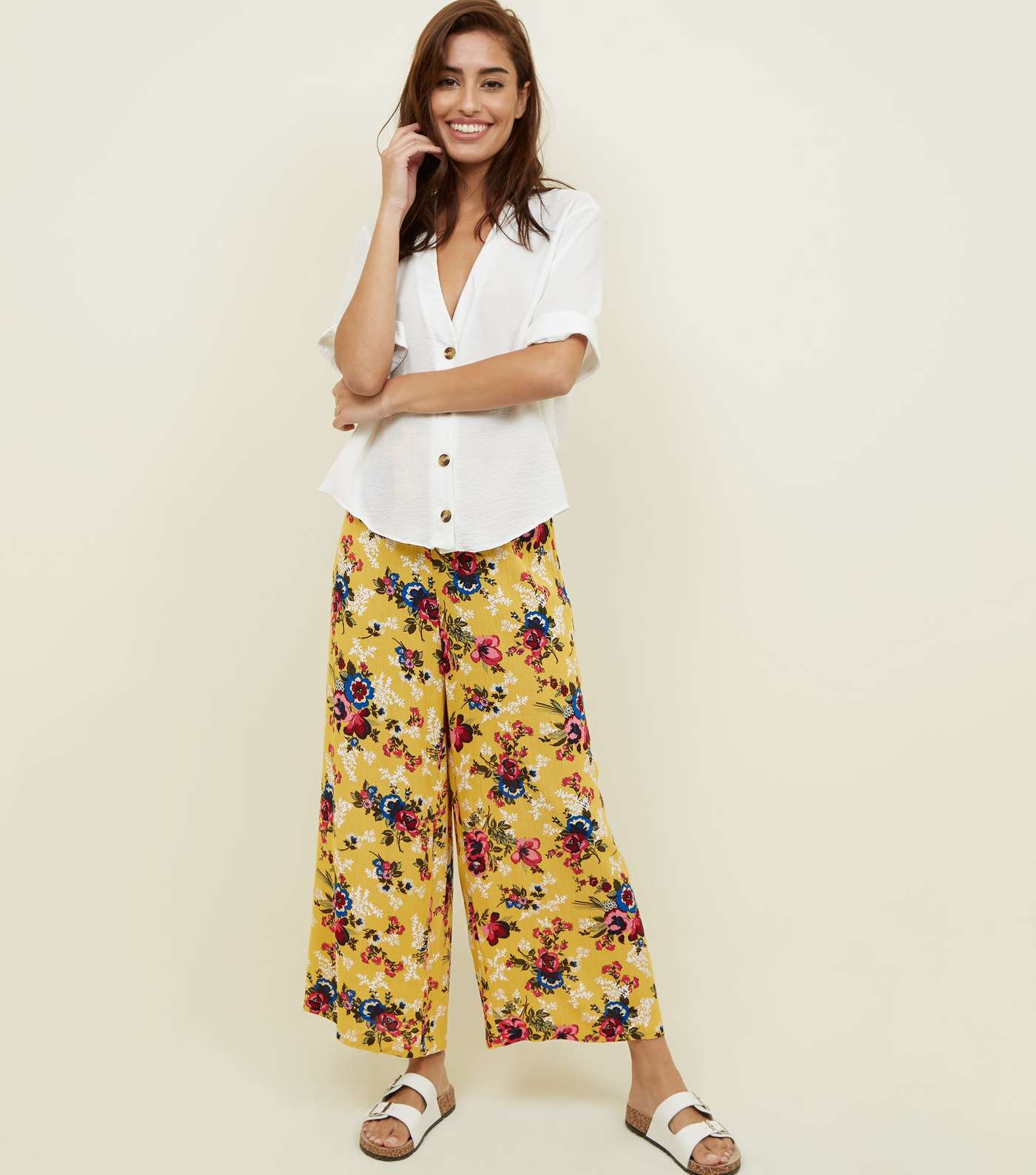 Mustard Yellow Floral Crepe Cropped Trousers Image 5