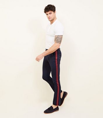 Moss Slim Fit Navy With Red Side Stripe Cropped Trousers in Blue for Men   Lyst