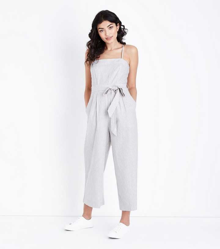 Off White Stripe Linen Look Square Neck Jumpsuit