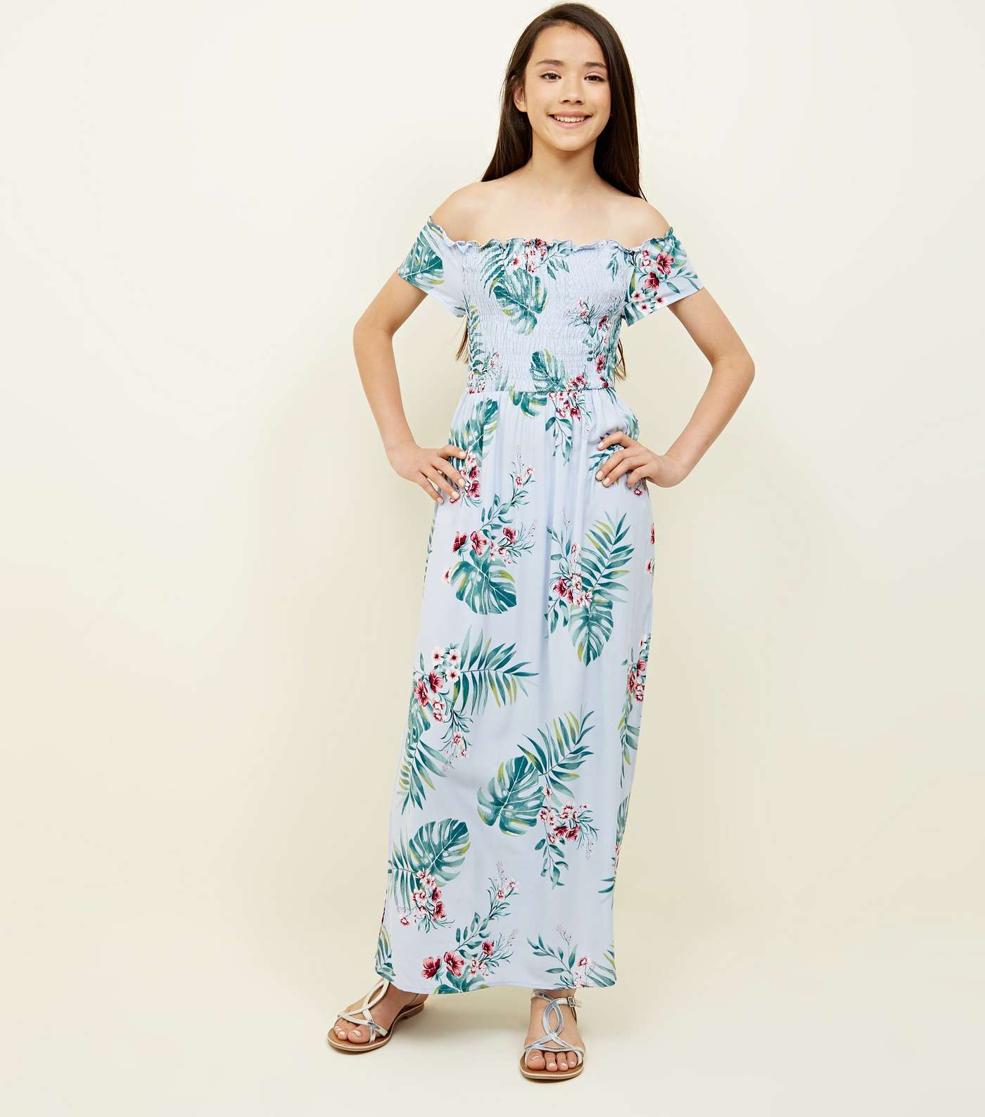 Girls Blue Tropical Shirred Maxi Dress