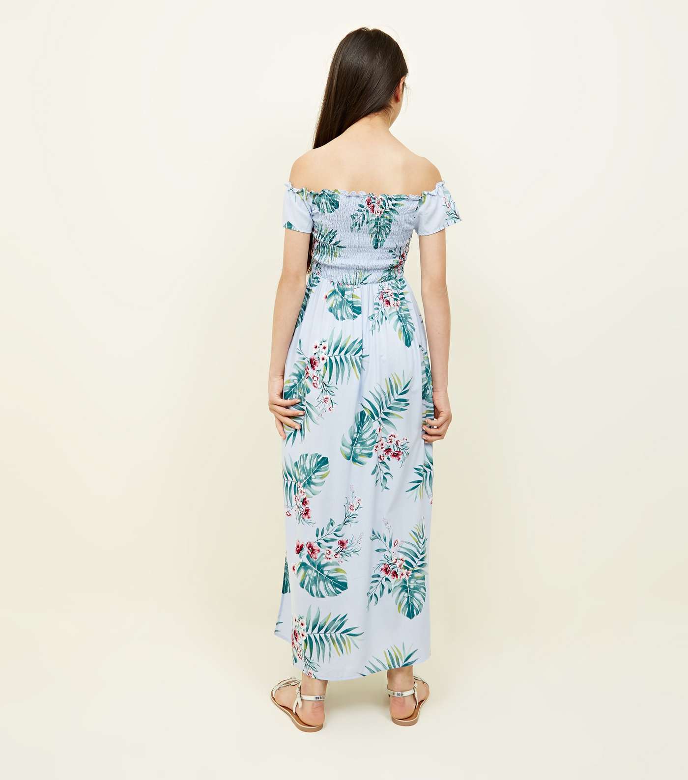 Girls Blue Tropical Shirred Maxi Dress Image 3