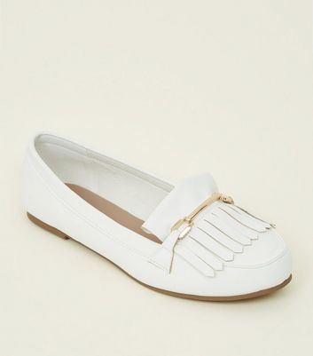 Wide Fit White Leather-Look Tassel 