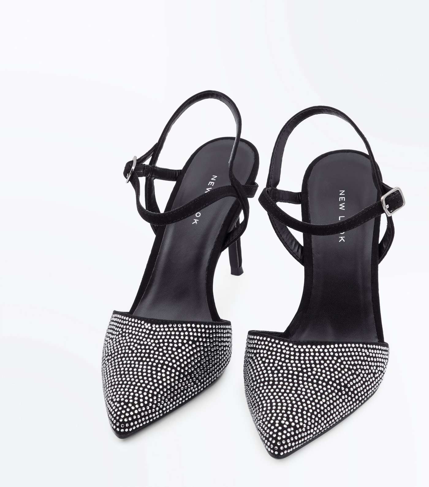 Black Suedette Diamanté Toe Pointed Heels Image 3